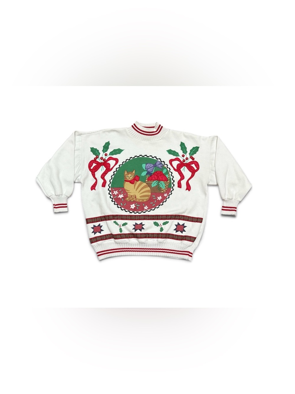 Vintage 1980s Christmas Cat Sweatshirt Women Size Large by Starting Point